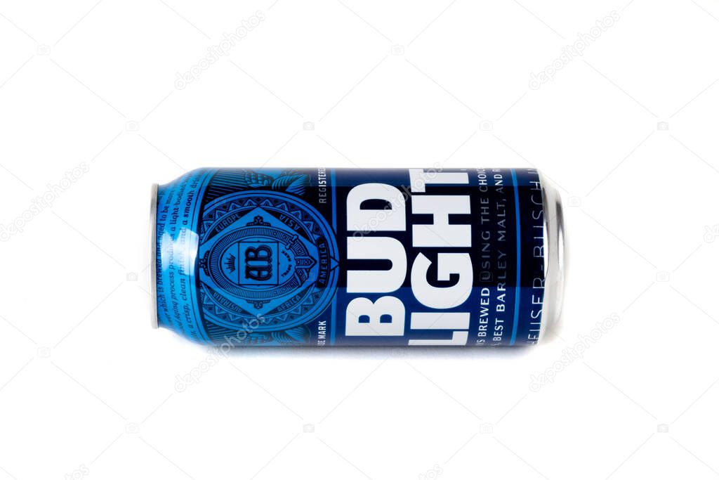 Sandhurst, United Kingdom; February 13th 2021:- A can of Bud Light isolated on a white background
