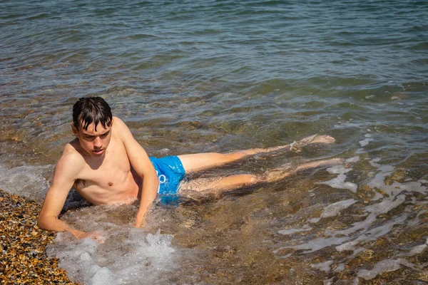 Year Old Caucasian Shirtless Teenage Boy Laying Surf — Stock Photo, Image