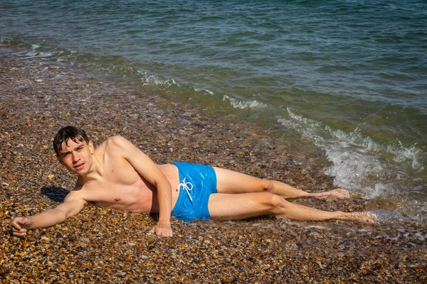 Year Old Caucasian Shirtless Teenage Boy Laying Surf — Stock Photo, Image