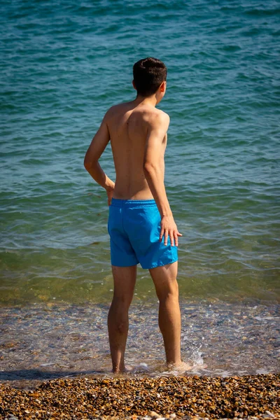 Year Old Caucasian Shirtless Teenage Boy Swimwear Walking Sea — Stock Photo, Image