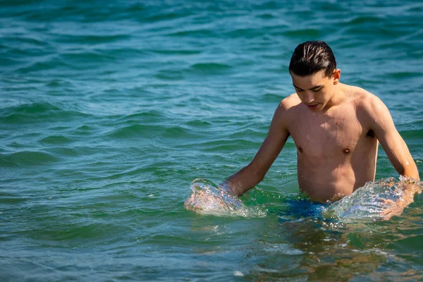 Year Old Caucasian Shirtless Teenage Boy Swimwear Splashing Sea — Stock Photo, Image