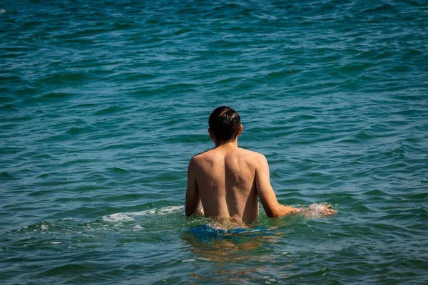 Year Old Caucasian Shirtless Teenage Boy Swimwear Sea — Stock Photo, Image