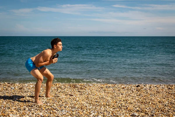 Year Old Caucasian Shirtless Teenage Boy Beach Exercising Kettlebell Weight — Stock Photo, Image