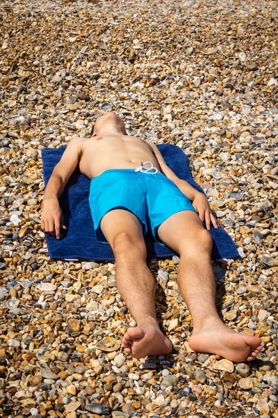 Year Old Caucasian Shirtless Teenage Boy Sunbathing Stoney Beach — Stock Photo, Image