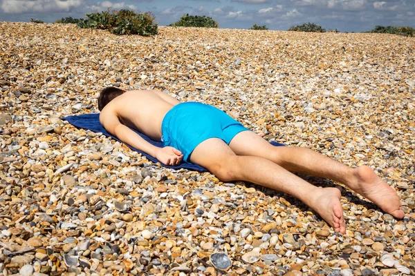 Year Old Caucasian Shirtless Teenage Boy Sunbathing Stoney Beach — Stock Photo, Image