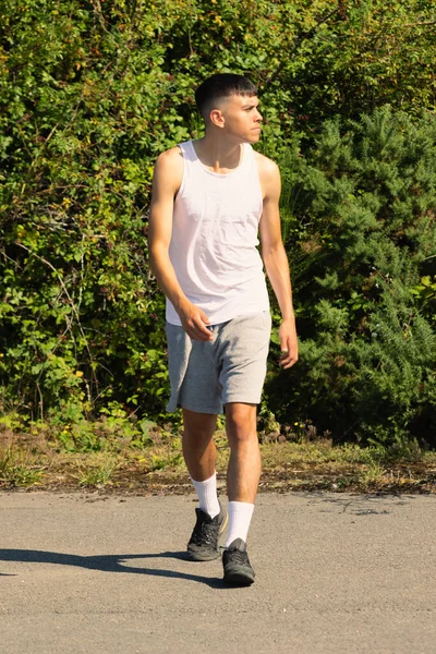 Year Old Teen Boy Sleeveless Top Late Summer Day — Stock Photo, Image