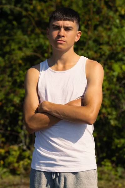 Year Old Teen Boy Sleeveless Top Late Summer Day — Stock Photo, Image