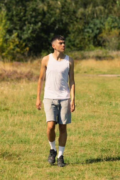 Year Old Teen Boy Sleeveless Top Late Summer Day — Stock Photo, Image