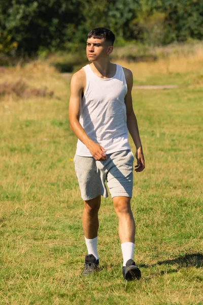 Year Old Teen Boy Sleeveless Top Late Summer Day — Stock Photo, Image