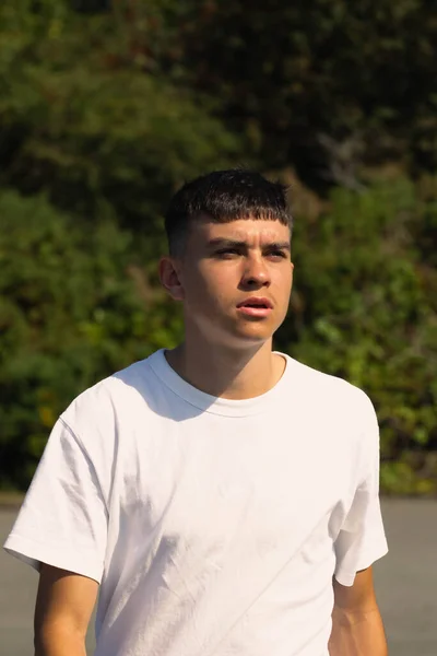 Year Old Teen Boy White Shirt Outdoors — Stock Photo, Image