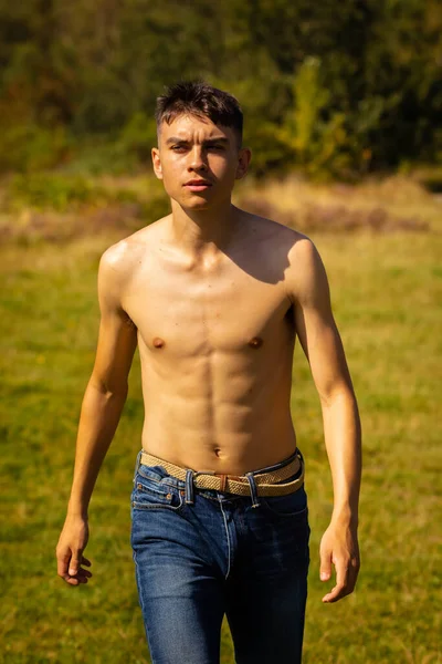 Adolescente Dieciocho Años Caminando Parque Cálido Día Verano Sin Camisa — Foto de Stock