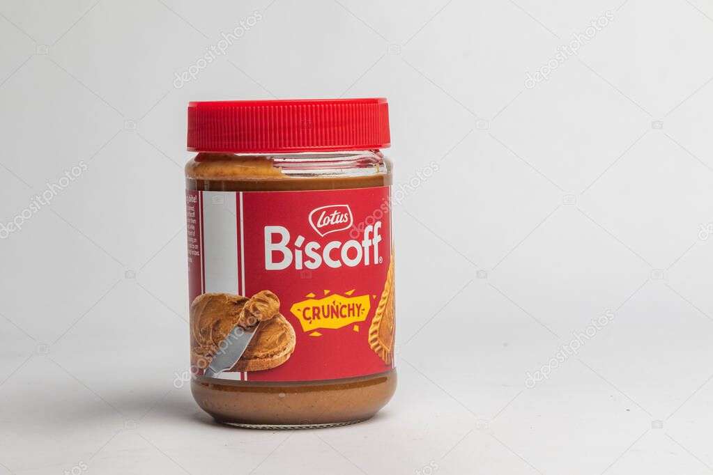 London, United Kingdom, October 22st 2025 :- A view of a Jar of Lotus Biscoff Spread Crunchy on a white background