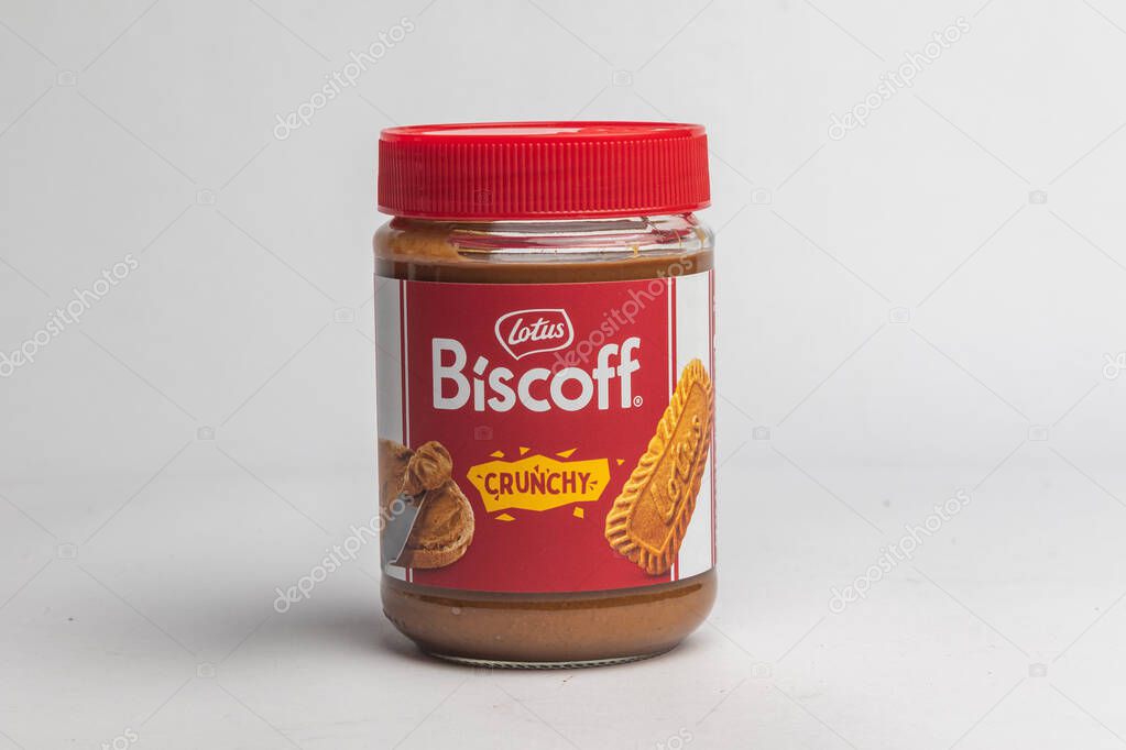 London, United Kingdom, October 22st 2025 :- A view of a Jar of Lotus Biscoff Spread Crunchy on a white background