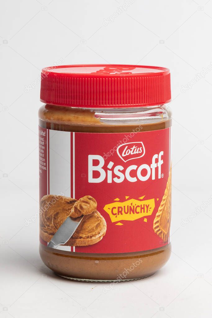 London, United Kingdom, October 22st 2025 :- A view of a Jar of Lotus Biscoff Spread Crunchy on a white background