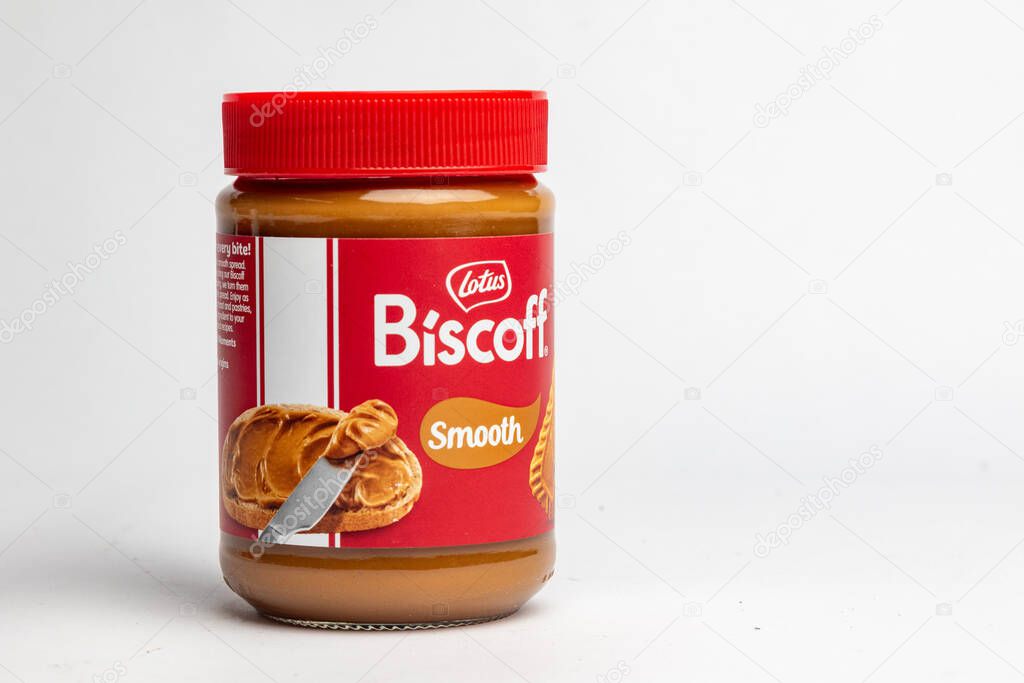 London, United Kingdom, October 22st 2025 :- A view of a Jar of Lotus Biscoff Spread Smooth on a white background