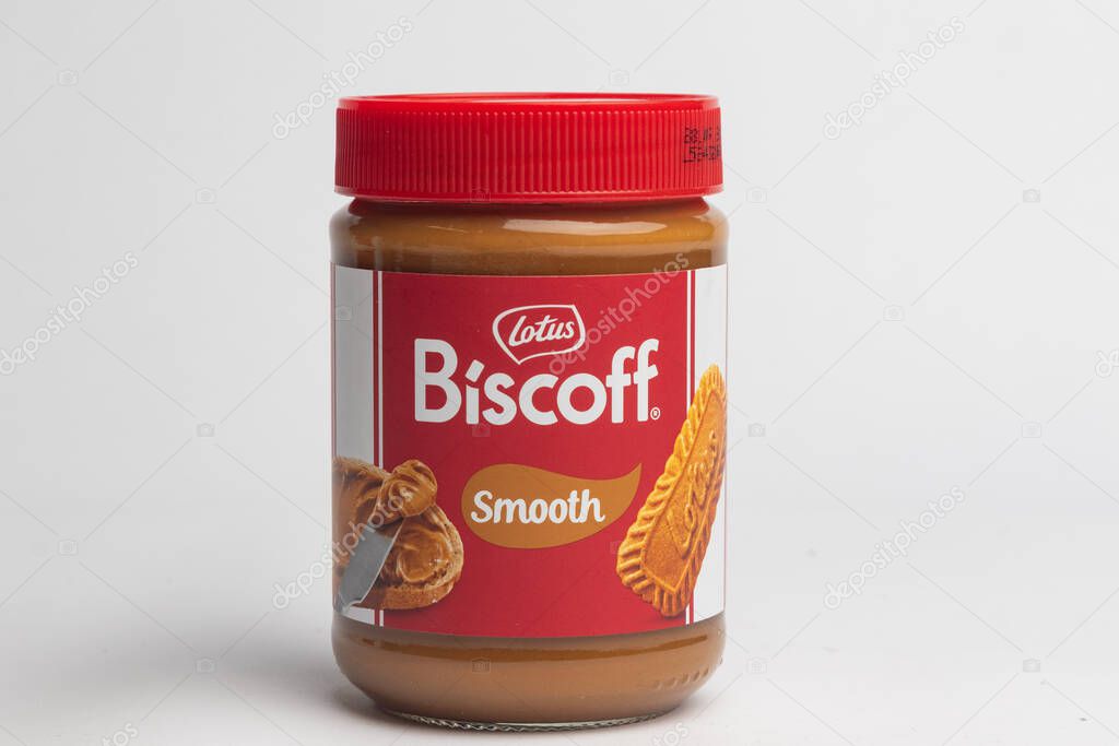 London, United Kingdom, October 22st 2025 :- A view of a Jar of Lotus Biscoff Spread Smooth on a white background