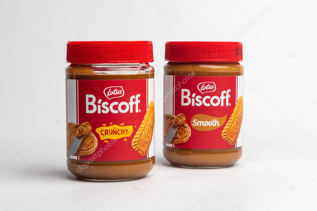 London, United Kingdom, October 22st 2025 :- A view of a Jar of Lotus Biscoff Spread Smooth and Crunchy on a white background