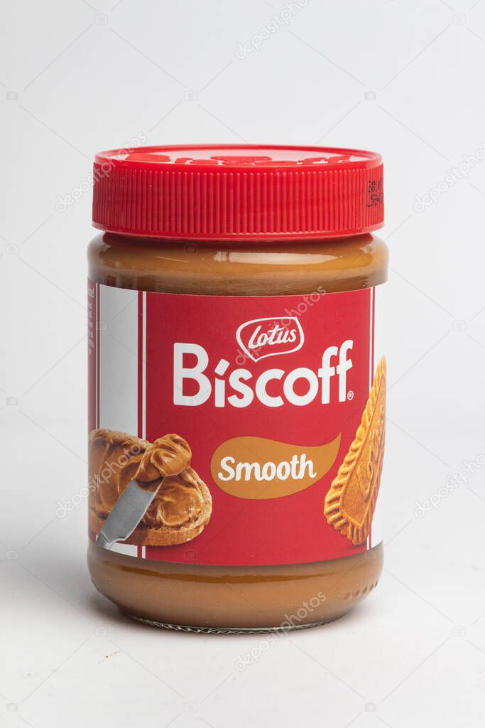 London, United Kingdom, October 22st 2025 :- A view of a Jar of Lotus Biscoff Spread Smooth on a white background