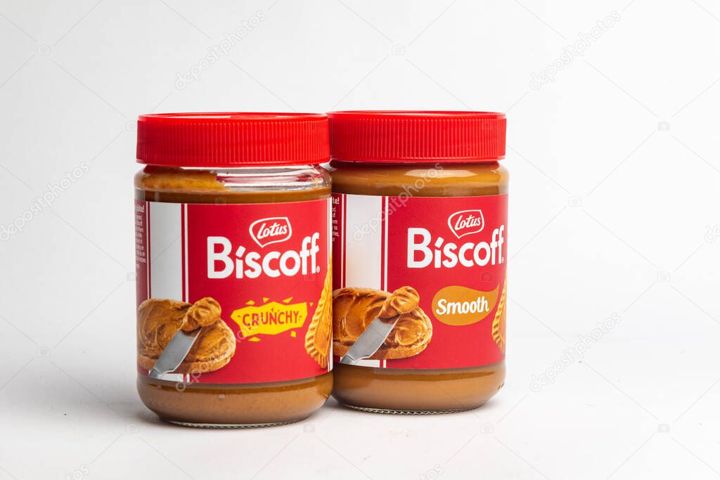 London, United Kingdom, October 22st 2025 :- A view of a Jar of Lotus Biscoff Spread Smooth and Crunchy on a white background