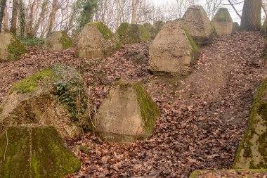 Eski 2. Dünya Savaşı Tank Savunması. Ejderha Dişleri, Guildford, İngiltere 'deki Wey nehrinin yakınında yer aldı.