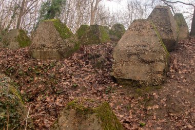 Eski 2. Dünya Savaşı Tank Savunması. Ejderha Dişleri, Guildford, İngiltere 'deki Wey nehrinin yakınında yer aldı.