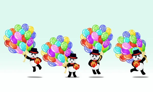 Σετ κινουμένων σχεδίων panda bear με μπαλόνια γενεθλίων και δώρα. Γενέθλια φόντο. — Διανυσματικό Αρχείο