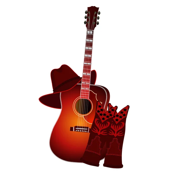 Conjunto de guitarra acústica, botas de vaquero y sombrero de vaquero aislado sobre fondo blanco. Ilustración vectorial EPS10 — Vector de stock