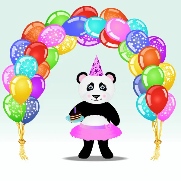 Cartoon panda ragazza in cappello partito con torta di compleanno in piedi sotto arco palloncino compleanno. Sfondo compleanno . — Vettoriale Stock