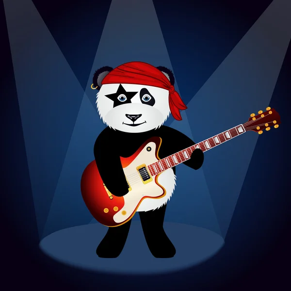 Cartoon panda in rock bandana suonare musica rock sotto i riflettori . — Vettoriale Stock