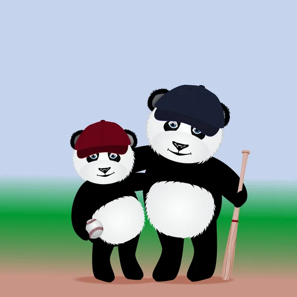 Cartoon panda giocatori di baseball con mazza da baseball e palla su sfondo sfocato . — Vettoriale Stock