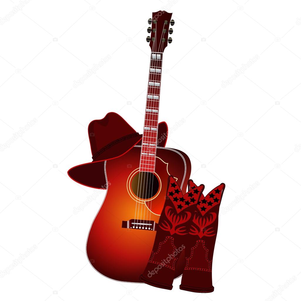 Set of acoustic guitar, cowboy boots and cowboy hat isolated on white background. EPS10 vector illustration