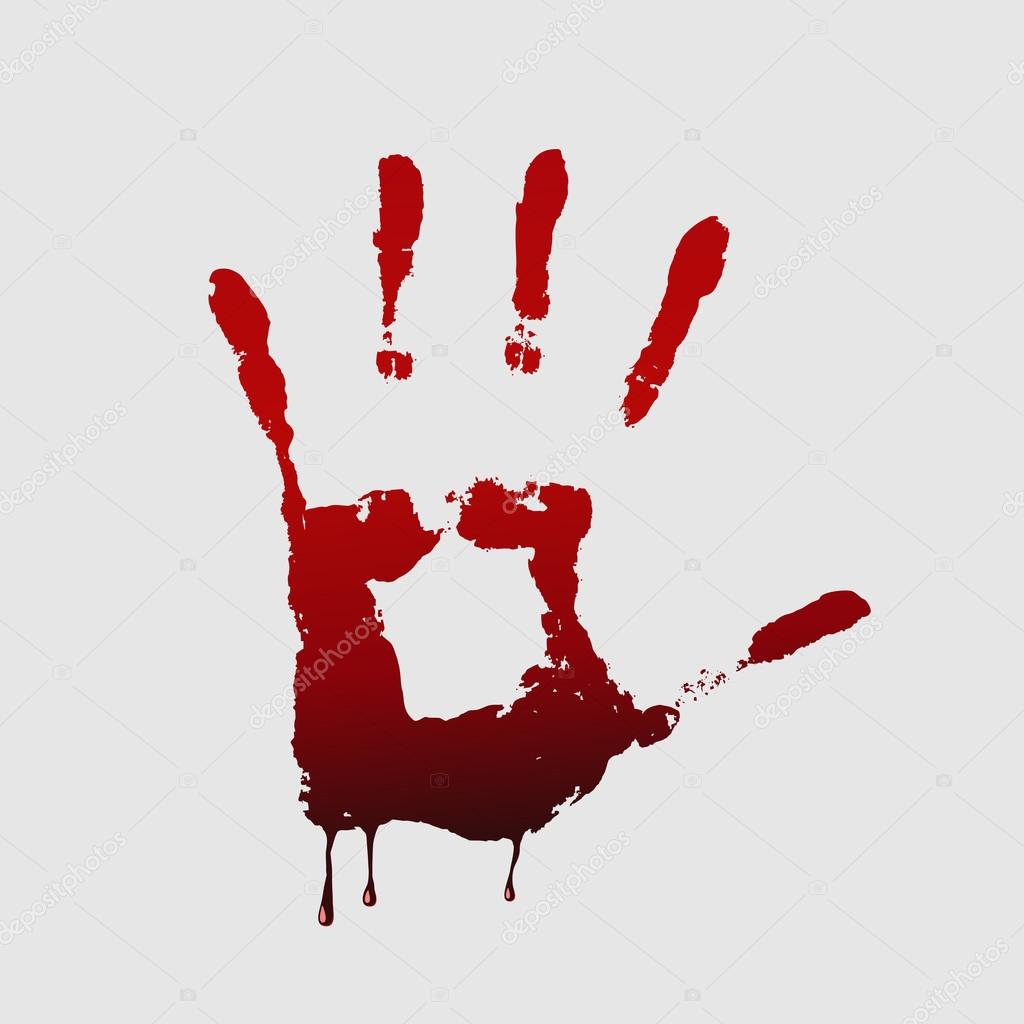 Close up of  bloody handprint on white background. 