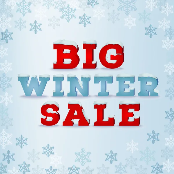 Plantilla de diseño de inscripción de venta de invierno grande en estilo 3d sobre fondo azul con copos de nieve . — Vector de stock
