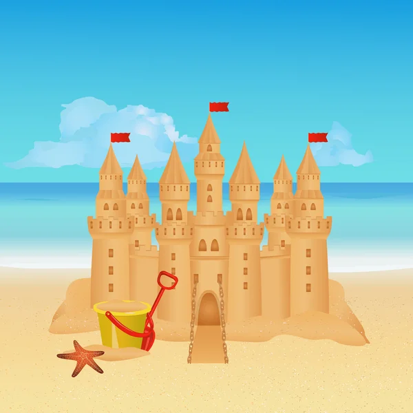 Castillo de arena en la playa tropical. Fondo de verano . — Vector de stock