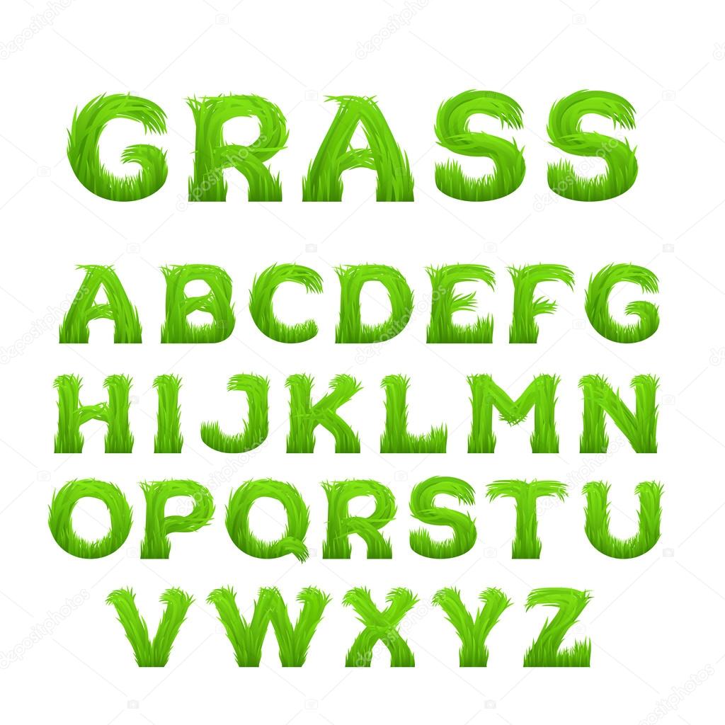 Spring, summer alphabet made of grass. Early spring green grass font. 