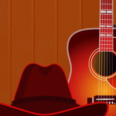 Akustik gitar ve kovboy şapkası ahşap duvar arka planı. 