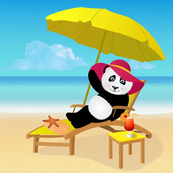 Dibujos animados oso panda tomar el sol en la playa tropical . — Archivo Imágenes Vectoriales
