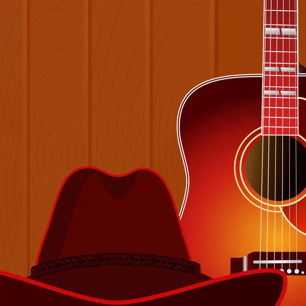 Akustik gitar ve kovboy şapkası ahşap duvar arka planı. 