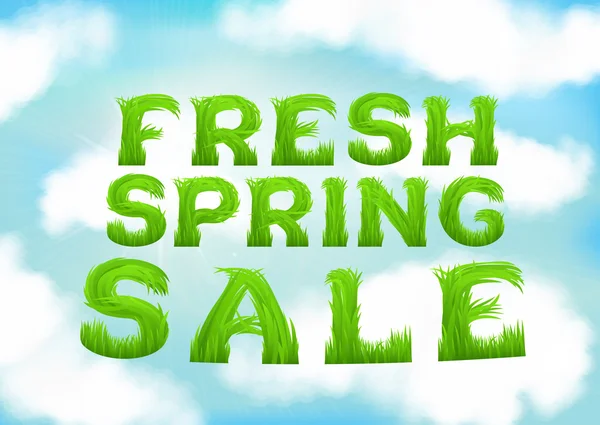 Inscripción de venta de primavera fresca hecha de hierba. Nubes blancas sobre fondo de pantalla azul primavera cielo. Fondo suave difuminado natural . — Vector de stock