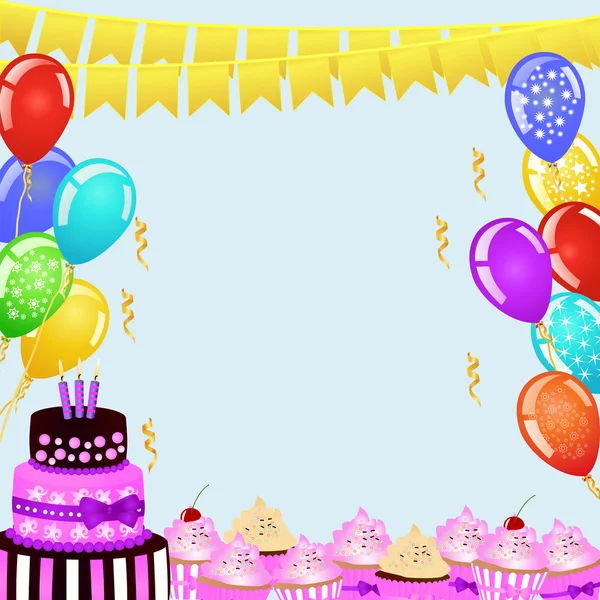 Fundo da festa de aniversário com bandeiras de bunting, balões, bolo de aniversário e cupcakes . — Vetor de Stock