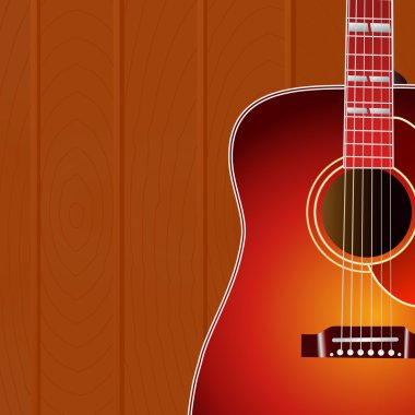 Metin için kopya alanı ile ahşap duvar arka plan karşı Akustik gitar . Müzik kapağı.