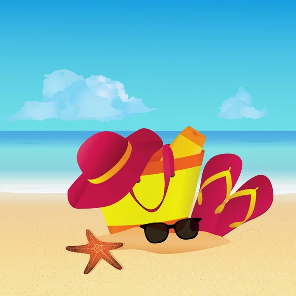 Conjunto de objetos con bolsa de playa, zapatillas, sombrero de sol y gafas de sol en la playa tropical. Fondo de verano . — Vector de stock