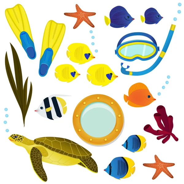 Collezione di icone subacquee su sfondo bianco. Barriera corallina pesci colorati, tartaruga e attrezzature subacquee set oggetti — Vettoriale Stock