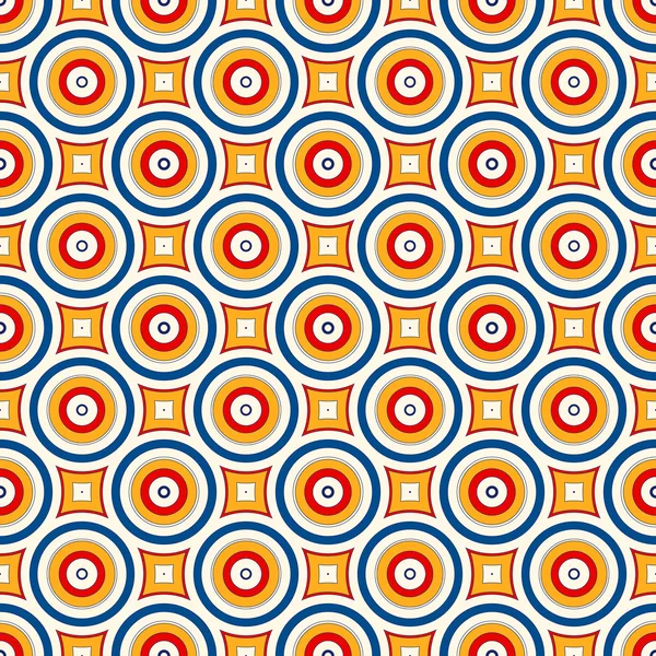 Modèle sans couture avec ornement géométrique symétrique. Fond abstrait avec vortex ronds colorés . — Image vectorielle