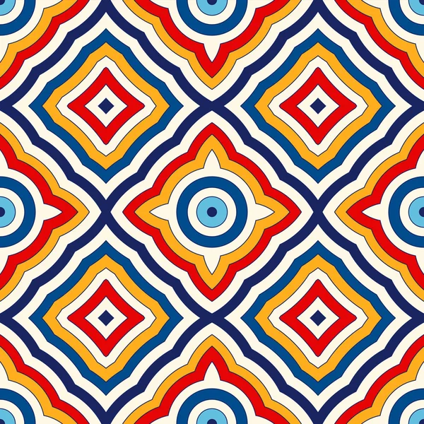 Helle ethnische abstrakte Hintergrund. nahtloses Muster mit symmetrischen geometrischen Ornamenten. — Stockvektor