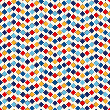 Simetrik geometrik süsleme ile Seamless modeli. Soyut parlak kareler ve edikula arka plan tekrarlanan.