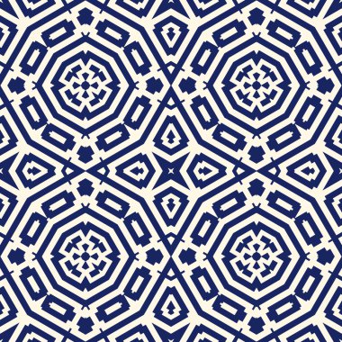 Simetrik geometrik süsleme ile Seamless modeli. Donanma renk arka plan.