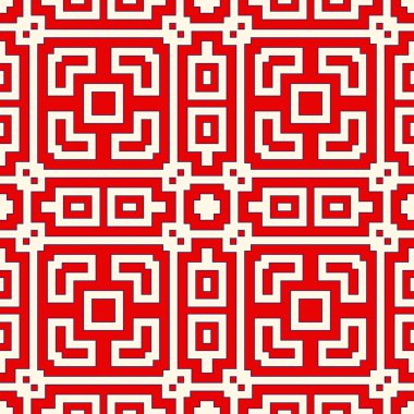 Simetrik geometrik süsleme ile dikişsiz desen. Kırmızı renk soyut arka plan.