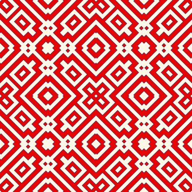 Simetrik geometrik süsleme ile dikişsiz desen. Kırmızı renk soyut arka plan.