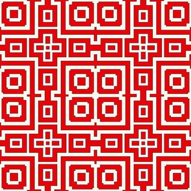 Simetrik geometrik süsleme ile dikişsiz desen. Kırmızı renk soyut arka plan.